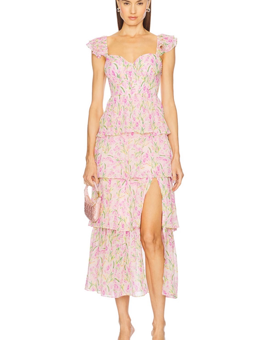ASTR Pink Floral Tiered High-Low Maxi Dress